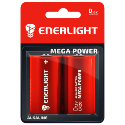 Батар. Enerlight Mega Power  D Бочонок лужна (щелочь)   BLI 2/блістер 2шт (LR20)/6шт в кор./