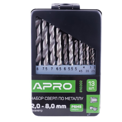 Набір свердел по металу P6M5 метал бокс 2,0мм-8,0мм, 13шт Апро