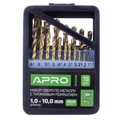 Набір свердел по металу P6M5 титан метал бокс 1,0мм-10,0мм, 19шт Апро
