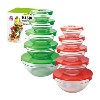 Набір салатників 5шт скло з кришкою (120мл;200мл;310мл;440мл;840мл) уп.16шт