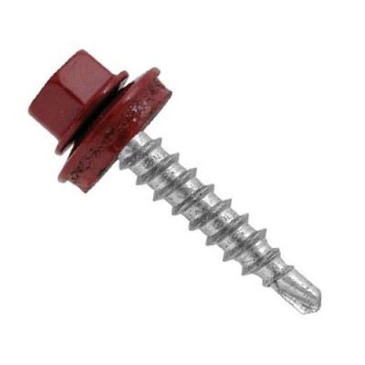 Саморіз покрів+шайба зі свердл.та гум. прокл., по мет. 4,8мм*19мм RAL3005(червоний) (250шт)