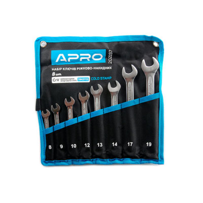 Набір ключів рожково-накидних 8шт.(8-10, 12-14, 17, 19мм) Холодний штамп DIN3113 Cr-V Апро