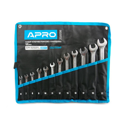 Набір ключів рожково-накидних 12шт.(6-14, 17, 19, 22мм) Холодний штамп DIN3113 Cr-V Апро