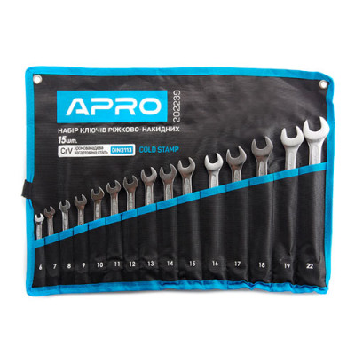Набір ключів рожково-накидних 15шт.(6-19, 22 мм) Холодний штамп DIN3113 Cr-V Апро