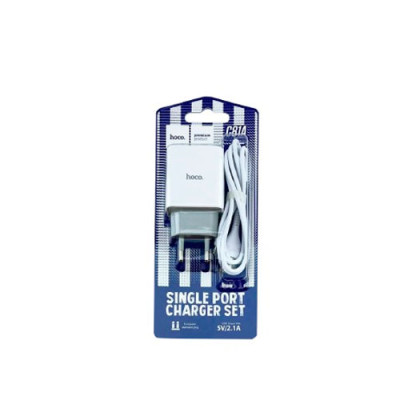 Блок живлення СЗУ iPhone Lightning Hoco C81A 2.1A-USB білий 1м (мереживний зарядний пристрій)/блок+ кабель