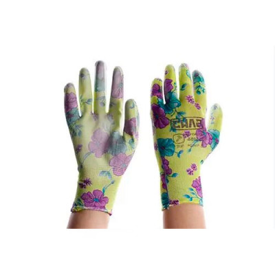 Рукавички з ПУ покриттям (васильки) р8 (зелені садові манжет без підвіса/хедера)  Сила /12пар