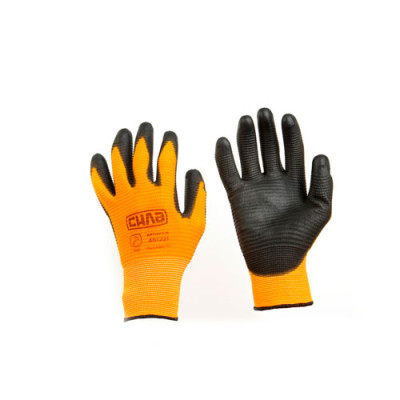 Рукавички з ПУ покриттям р10 (оранж+чорний манжет без підвіса/хедера)  Сила /12пар