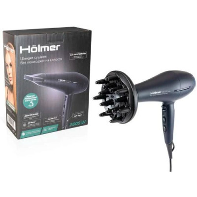 Фен для волосся 2600Вт Holmer HHD-260I PRO чорний 2швид 3режими тепла ручка Soft Touch гарантія 1 рік Фен для волосся 2600Вт Holmer HHD-260I PRO чорний 2швид 3режими тепла ручка Soft Touch гарантія 1 рік