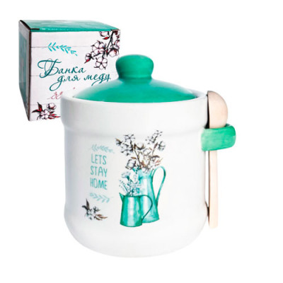 Банка керам для меду з дерев`яною ложкою 340мл Бавовна