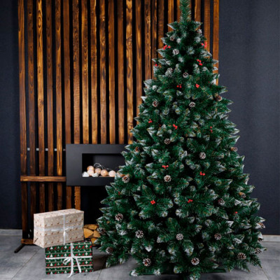 Ялинка штучна ПВХ 1,8м, 13 рядів, голка 4см, з підставкою Елітна з шишкою + калина червона