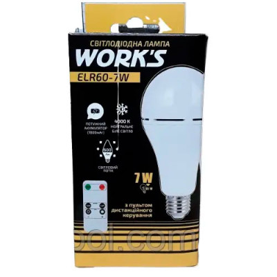 Лампа аварійного освітлення LED 7W E27 4000K акумуляторна з пультом WORK`S ELR60-7W (гарантія 1рік)