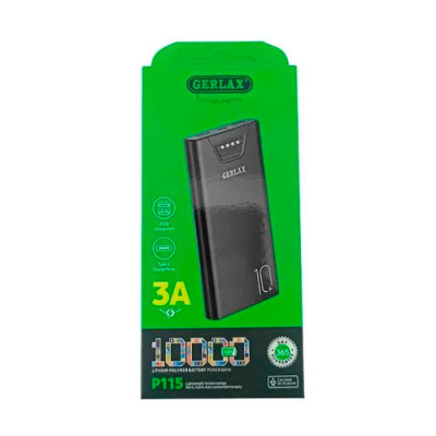 Універсальна мобільна батарея (повербанк) 10000mAh Gerlax P115 (2USB/Type-C) чорний