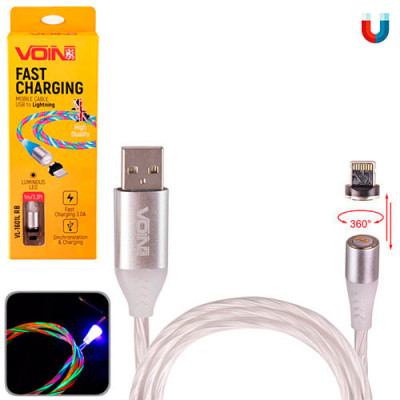 Кабель USB Lightning VOIN VL-1601L магнітний Multicolor LED 3А 1м
